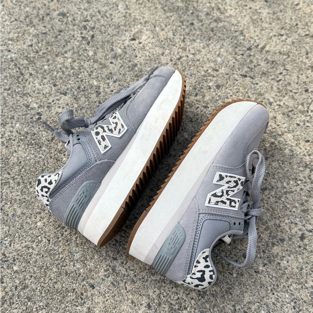 New Balance 574+ Platform Sneakers Gray Leopard Detail Women’s Size 6.5 like new - Picture 9 of 12